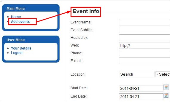 add events in the Joomla front-end panel